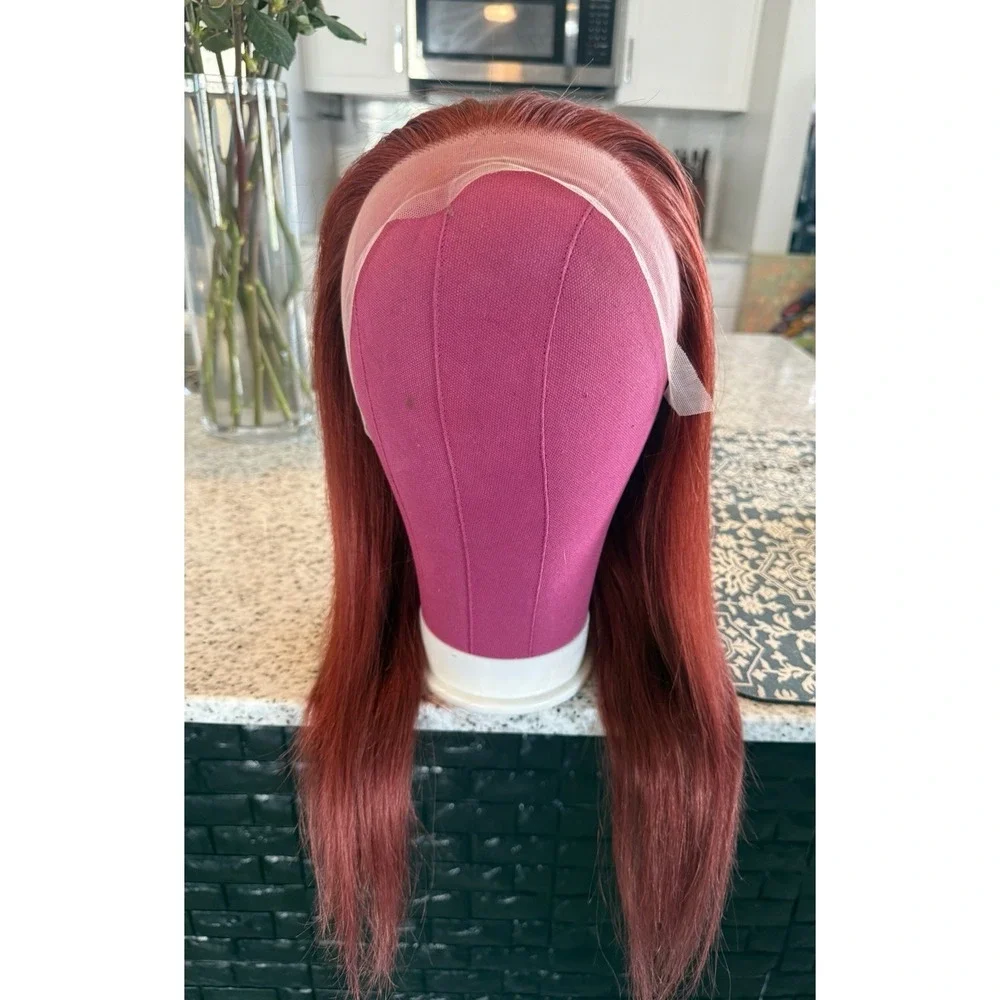 100% Human Hair Lace Front Wig Auburn Brown Red 14 Inch Wavy Straight Free Part